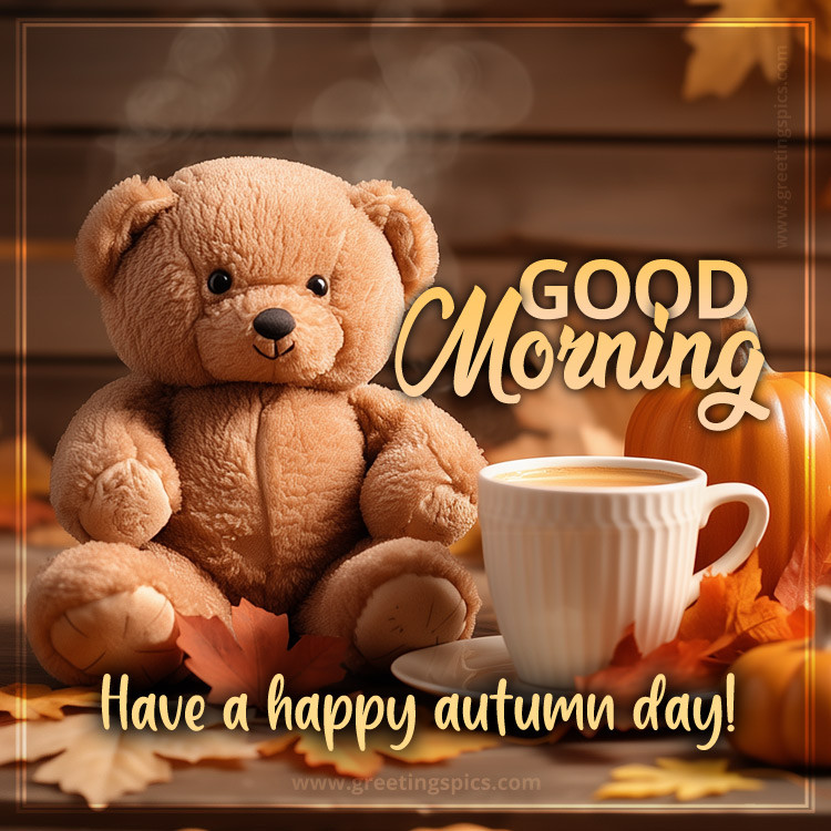 Good Morning have a Happy Autumn day image with cute teddy bear (square shape image)