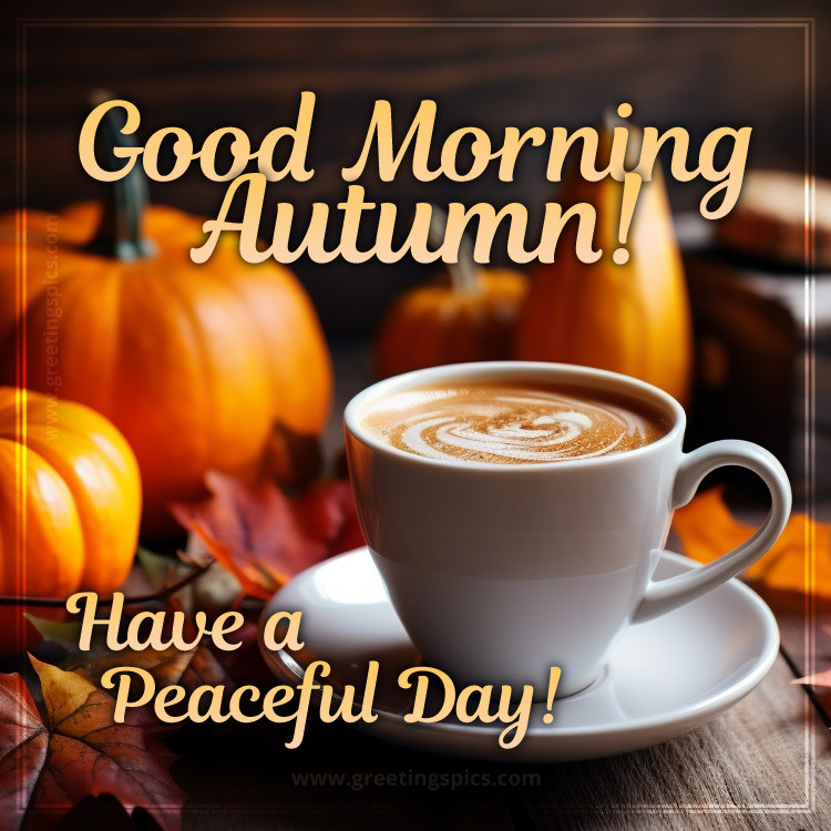 Good Morning Autumn have a Peaceful Day image with a cup of latte (square shape image)