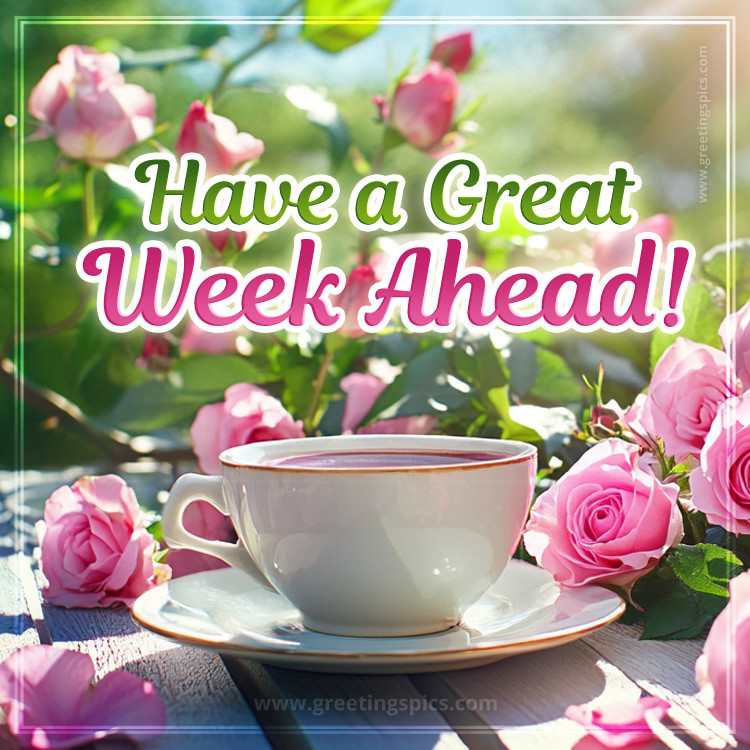 Have a Great Week Ahead image with beautiful roses and a cup of coffee (square shape image)