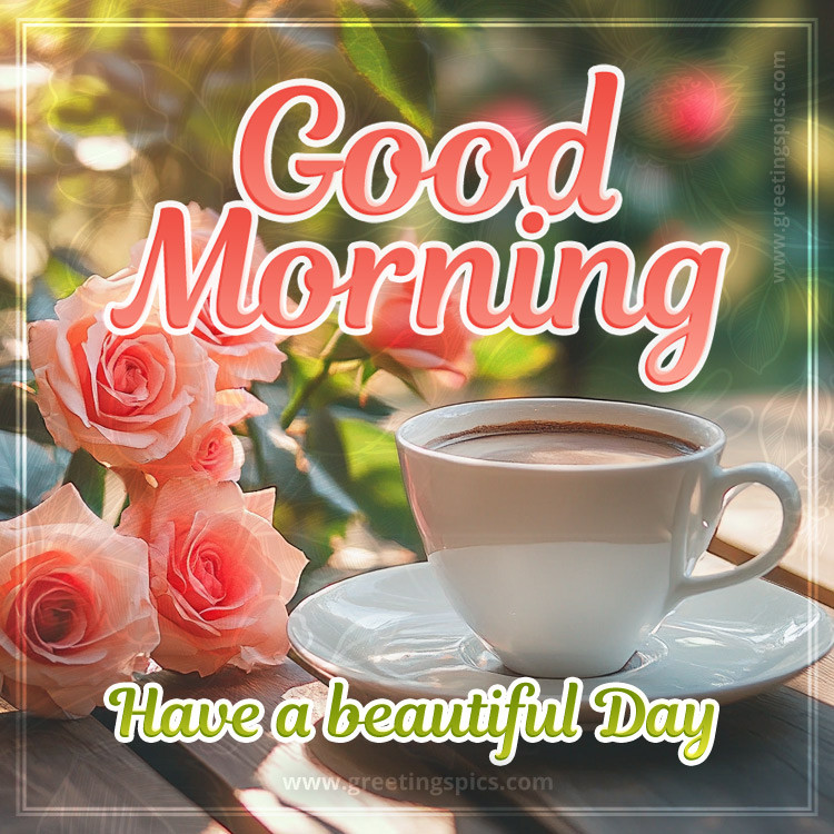 Good Morning have a Beautiful Day picture with coffee and roses (square shape image)