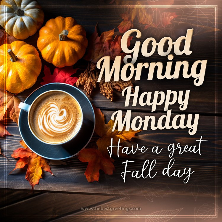 Good Morning Happy Monday Fall image with pumpkins and cup of coffee (square shape image)