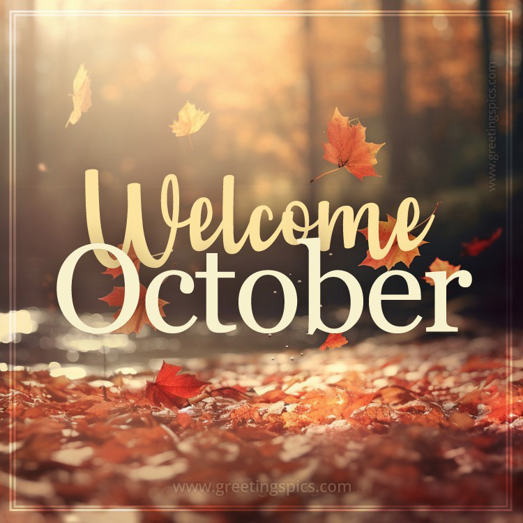 Welcome October image with beautiful autumn leaf fall (square shape image)