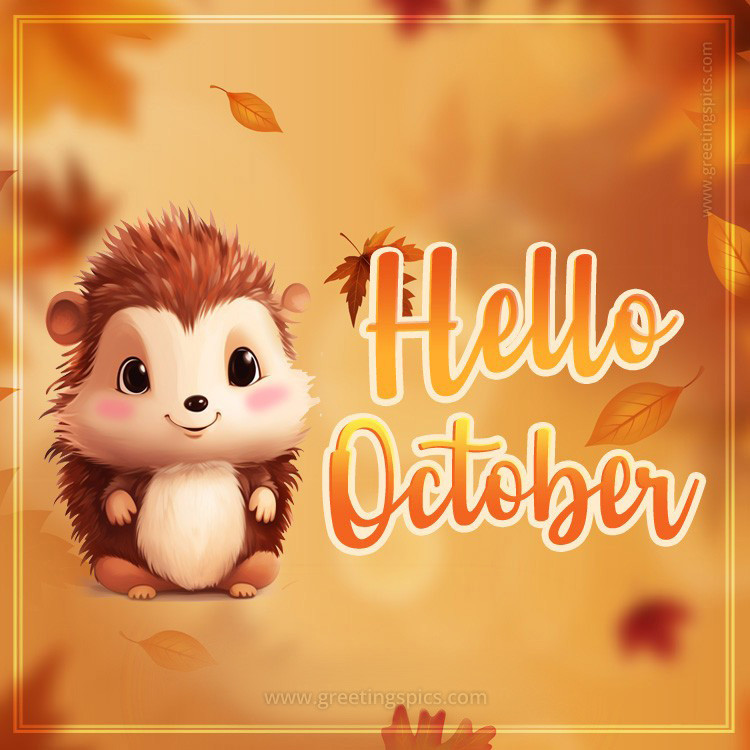 Hello October image with cute funny hedgehog (square shape image)