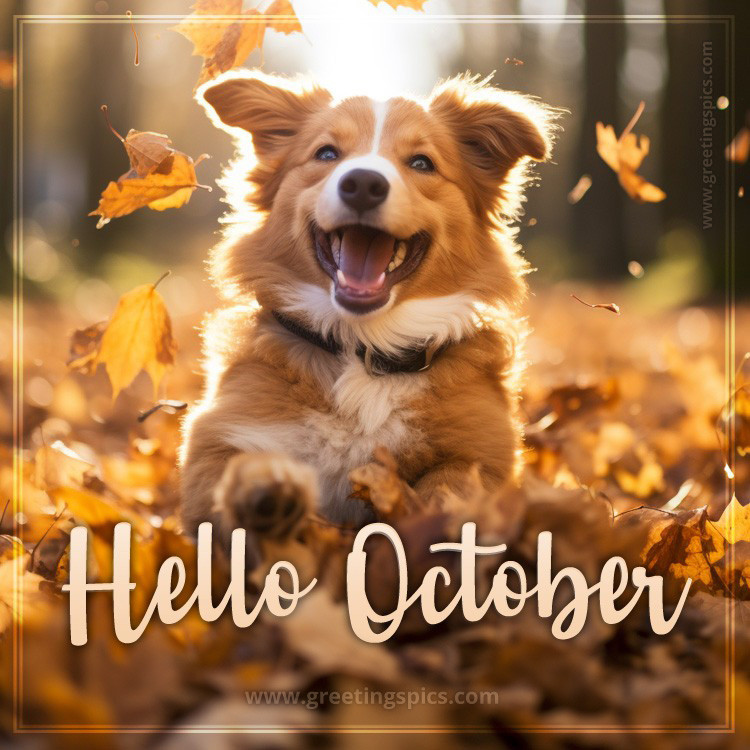 Hello October picture with happy dog (square shape image)