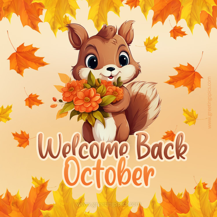 Welcome Back October image with cute squirrel (square shape image)