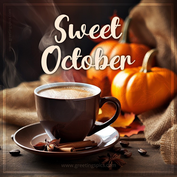 Sweet October image with hot coffee and pumpkins (square shape image)