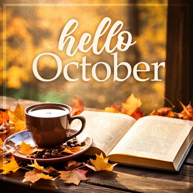 Hello October image with coffee and book (square shape image)