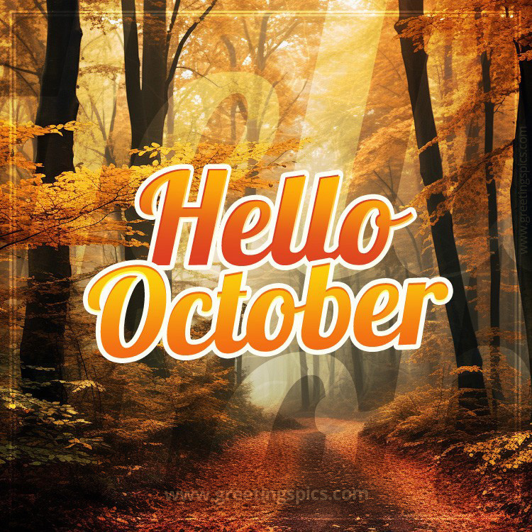 Hello October picture with autumn forest (square shape image)