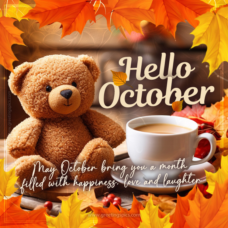 Hello October a picture with a cute teddy bear and a good wish (square shape image)