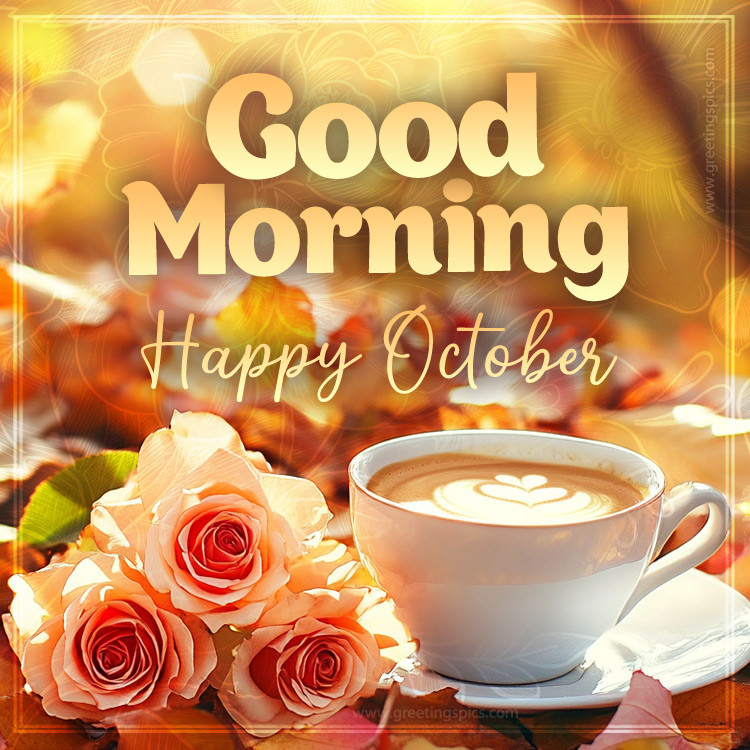 Good Morning Happy October beautiful image with roses (square shape image)