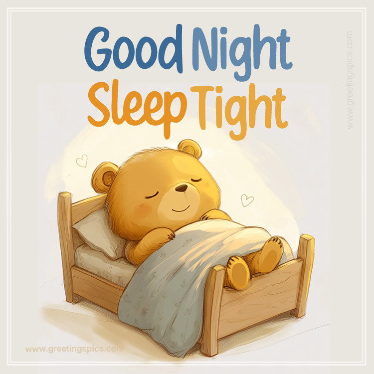 Good Night Sleep Tight a picture of a teddy bear covered with a blanket sleeping on his crib (square shape image)