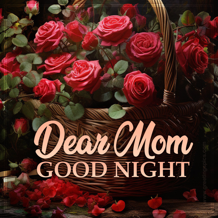 Dear Mom Good Night a picture of a beautiful basket of roses (square shape image)