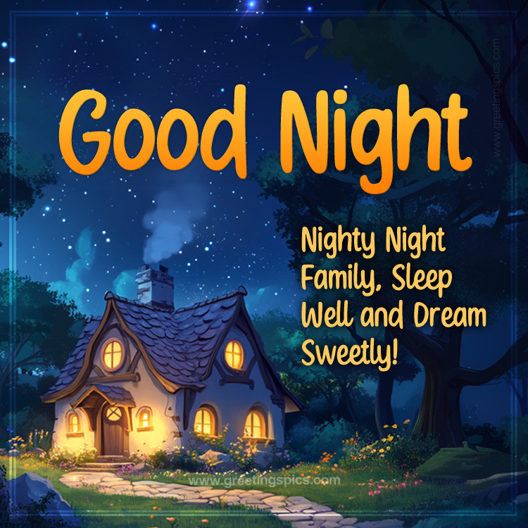 Good Night Family picture with a cozy house under the night sky (square shape image)