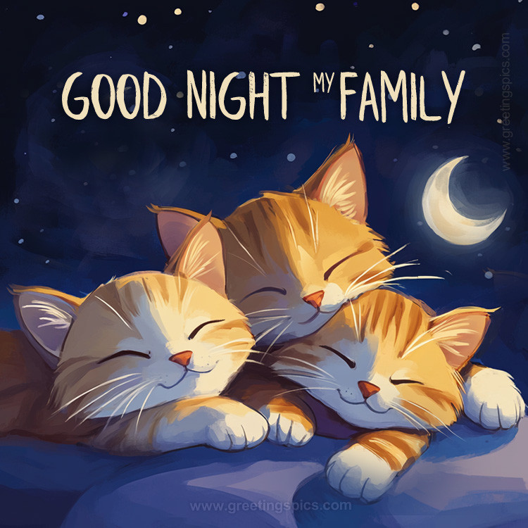 Good Night my Family picture with cute cat and kittens (square shape image)