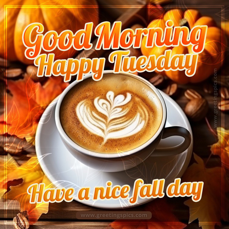 Good Morning Happy Tuesday fall image with cappuccino (square shape image)