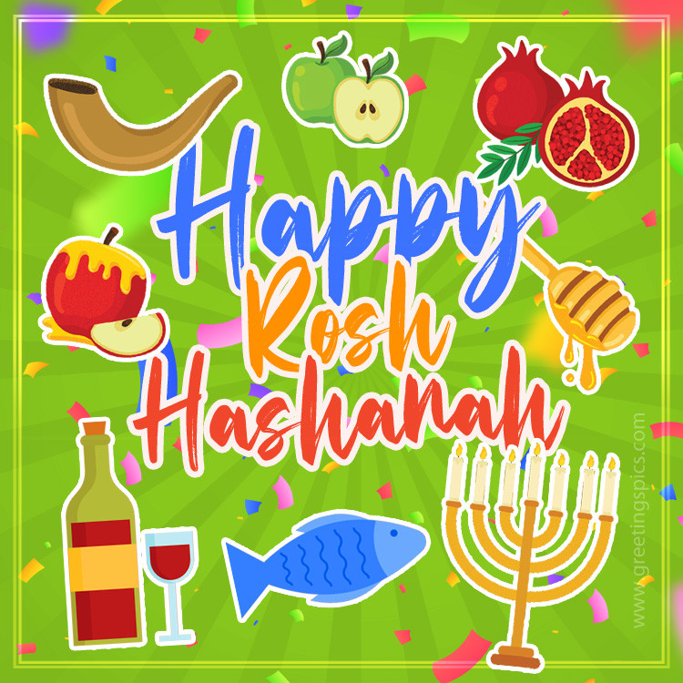 Happy Rosh Hashanah bright holiday picture with green background (square shape image)