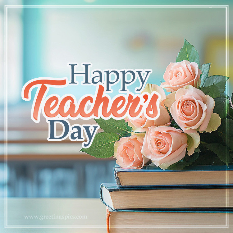 Happy Teacher's Day a picture of books and a bouquet of roses (square shape image)