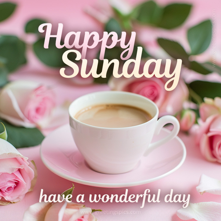 Happy Sunday image with a cup of coffee and beautiful pink roses (square shape image)