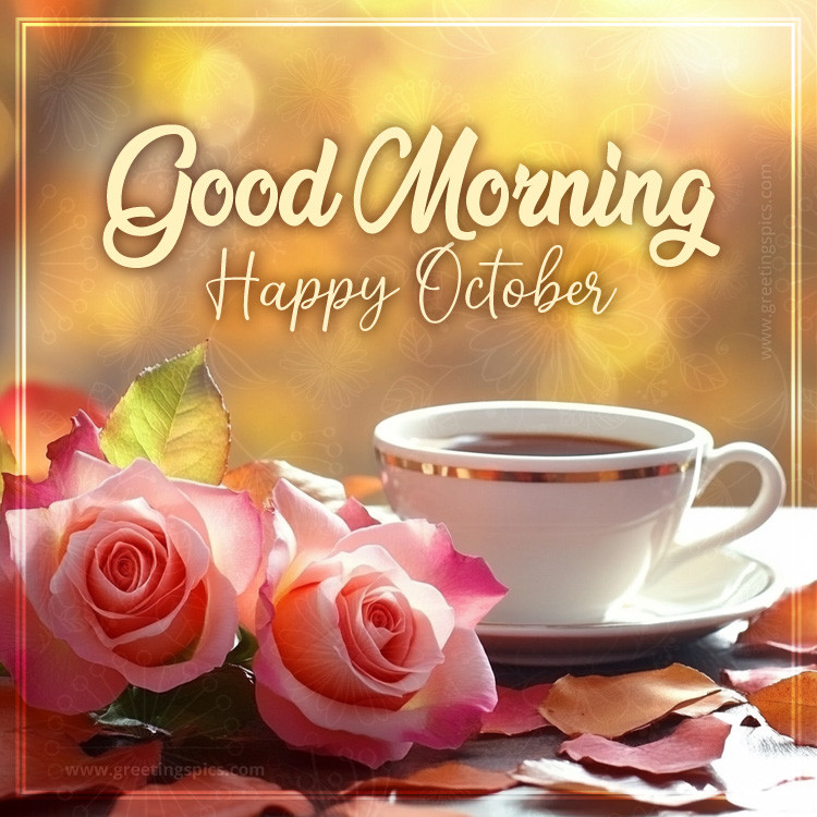 Good Morning Happy October picture with a cup of coffee and roses (square shape image)