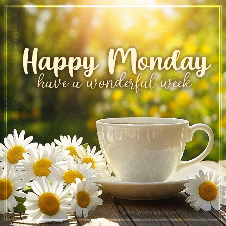 Happy Monday have a Wonderful Week picture with a cup of coffee and beautiful daisies (square shape image)