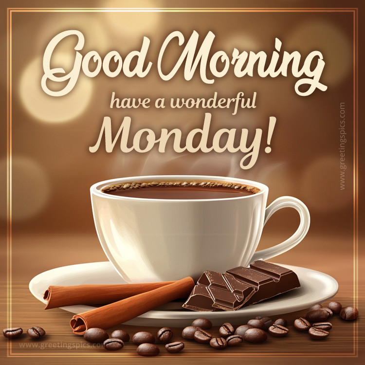 Good Morning have a Wonderful Monday image with coffee and chocolate (square shape image)