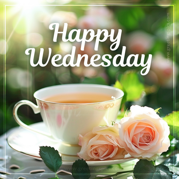 Happy Wednesday image with a cup of tea and pink roses (square shape image)