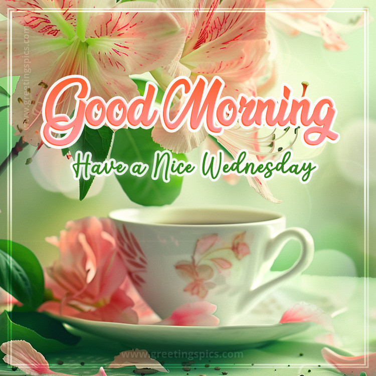 Good Morning have a Nice Wednesday image with a cup of coffee and beautiful lillies (square shape image)