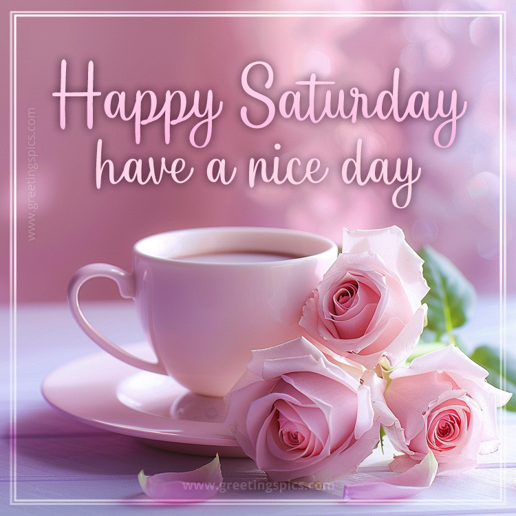 Happy Saturday have a Nice Day picture with a cup coffee and pink roses (square shape image)