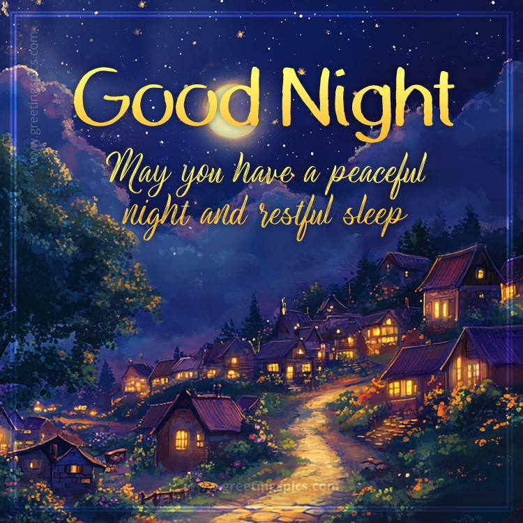 Beautiful picture of a Good Night's greeting with a nighttime town (square shape image)