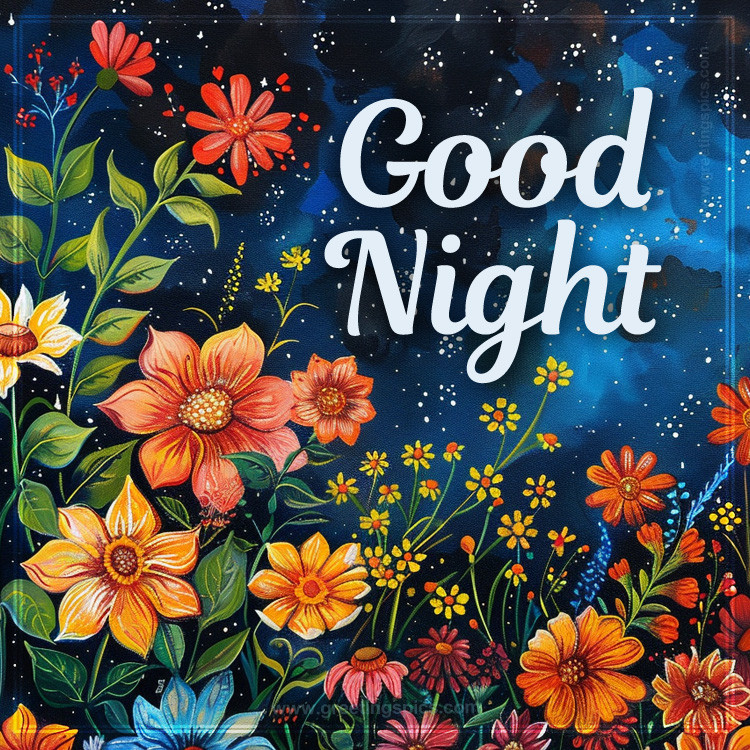 Good Night image with colorful flowers (square shape image)