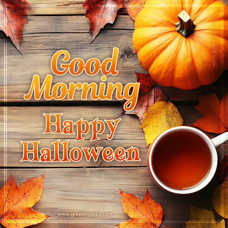 Good Morning Happy Halloween picture with fall leaves, pumpkin and a cup of tea (square shape image)