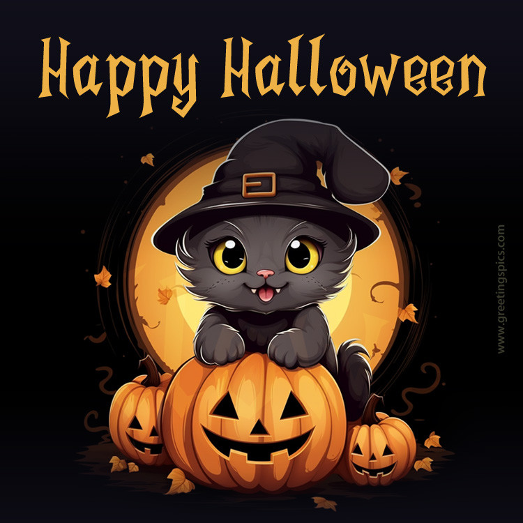 Happy Halloween Image wtih cute witch kitten on dark background (square shape image)