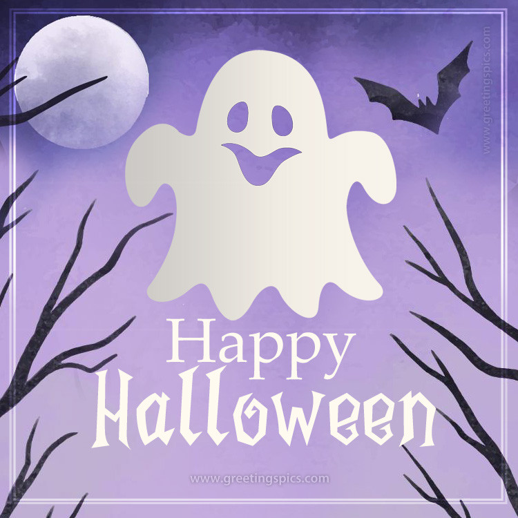 Happy Halloween card with cute smiling ghost (square shape image)