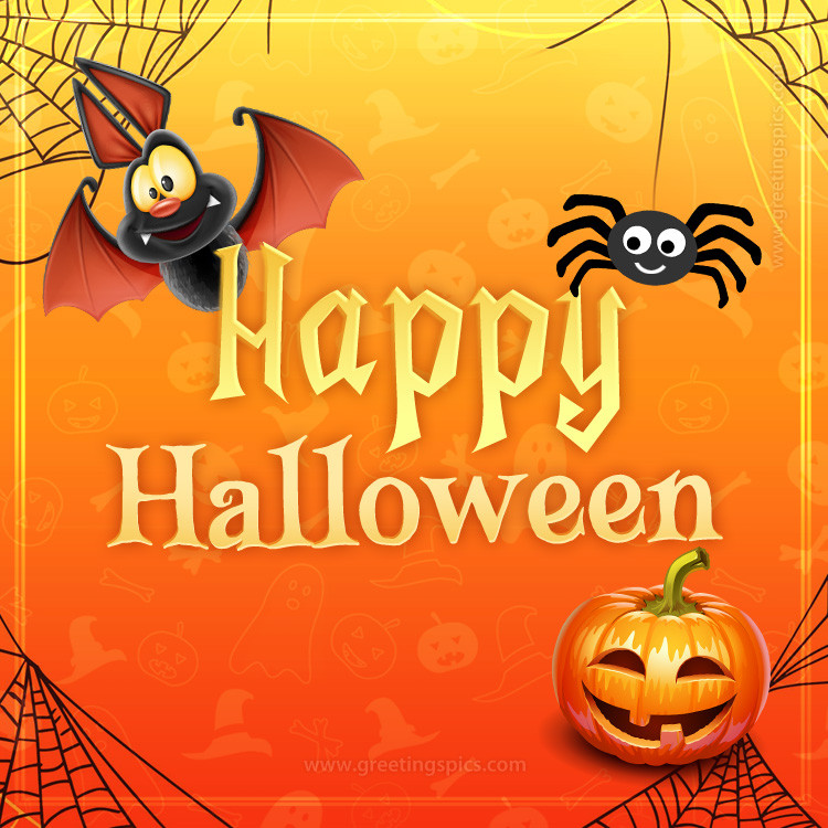 Happy Halloween funny picture with cute cartoon bat and spider (square shape image)