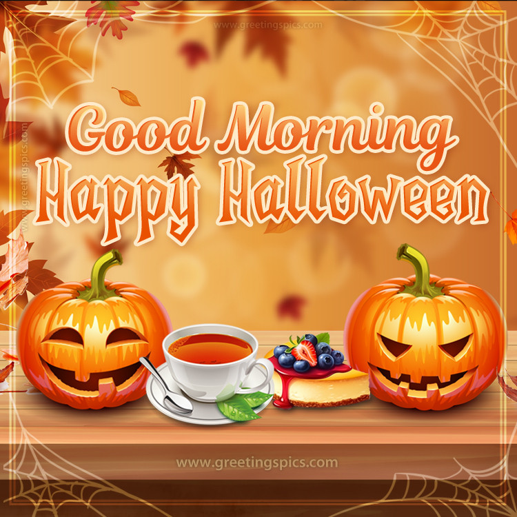 Good Morning Halloween image with cup of tea and cheesecake (square shape image)