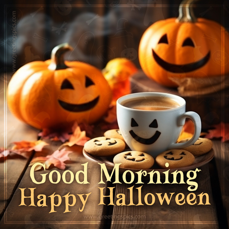 Good Morning Happy Halloween Image with cup of coffee and cookies (square shape image)