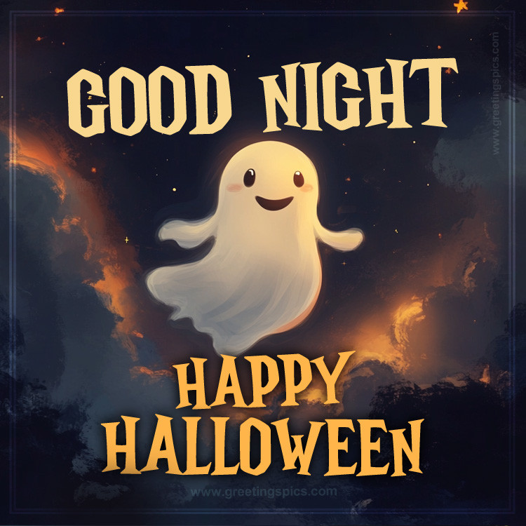 Good Night Happy Halloween picture with cute ghost in the night sky (square shape image)