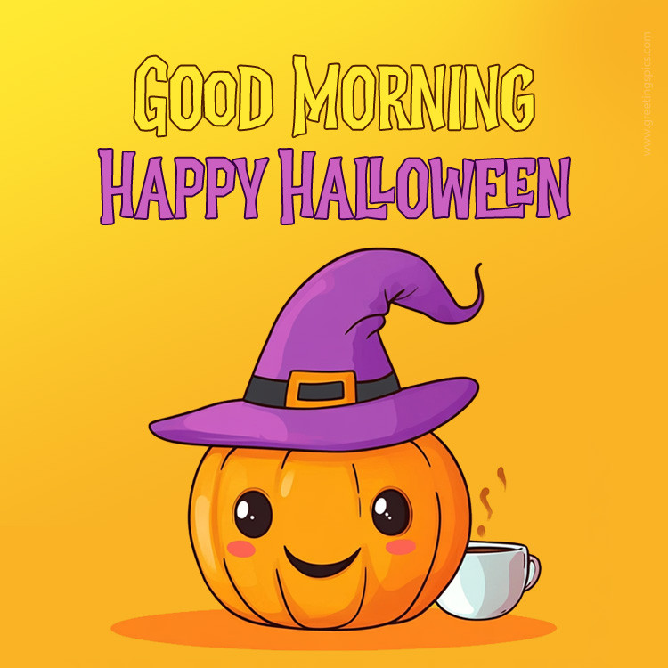 Good Morning Happy Halloween picture with a cute pumpkin and a cup of coffee (square shape image)