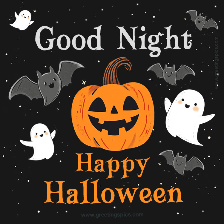 Good Night Happy Halloween image with cartoon bats, ghosts and pumpkin (square shape image)