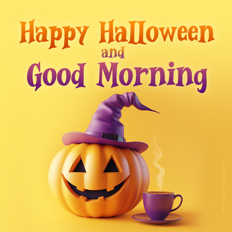 Good Morning Halloween picture with a cup of cappuccino (square shape image)