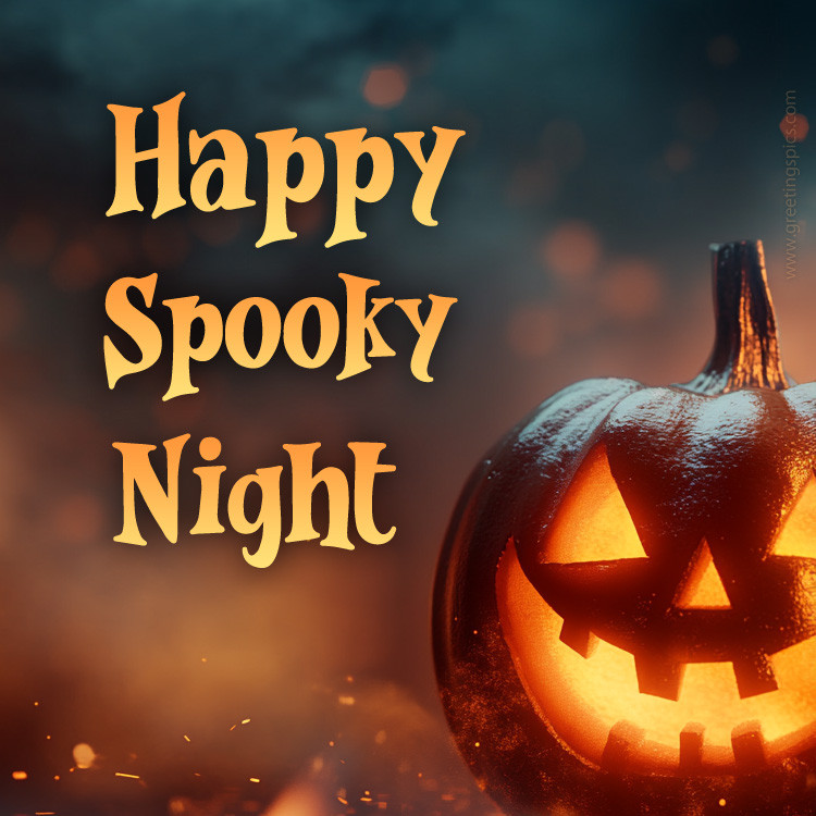 Happy Spooky Night image with a glowing pumpkin (square shape image)