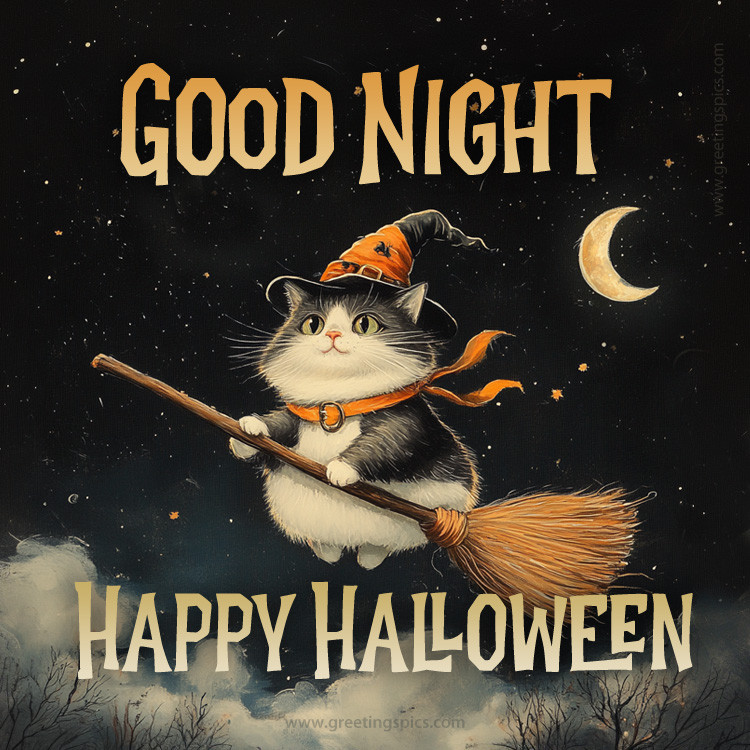 Good Night Happy Halloween image with a cute cat flying on a broomstick (square shape image)