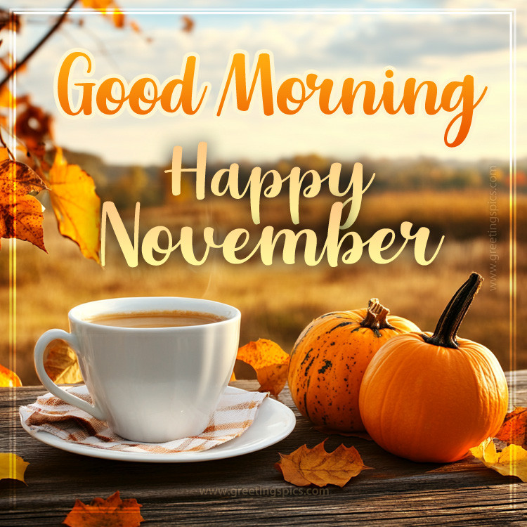 Good Morning Happy November picture with a cup of latte and a pumpkin (square shape image)