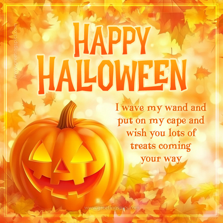 Picture of pumpkin in autumn foliage and Happy Halloween wish (square shape image)