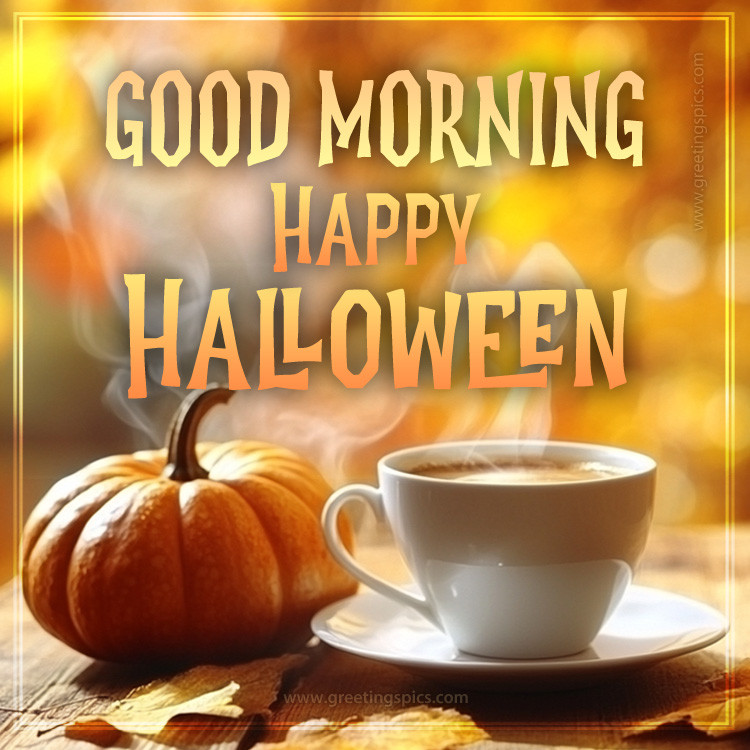 Good Morning Halloween image with a cup of latte and a pumpkin (square shape image)