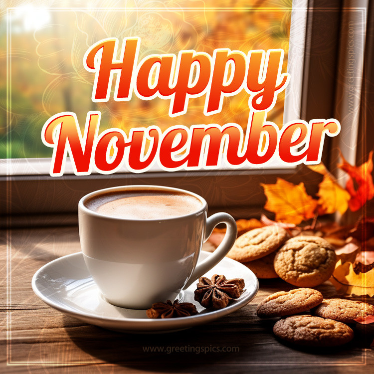 Happy November picture with coffee and cookies (square shape image)