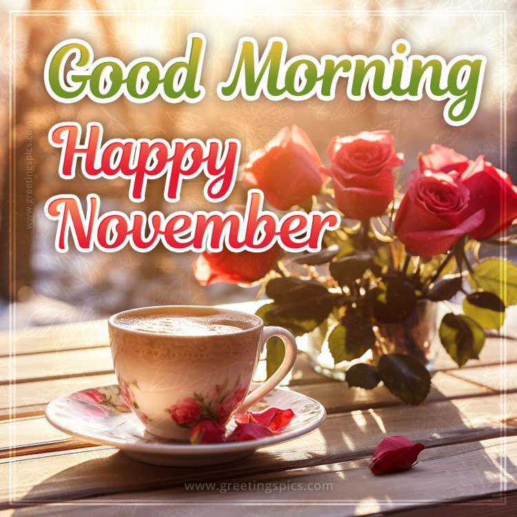 Good Morning Happy November picture with coffee and roses on the table on a frosty day (square shape image)