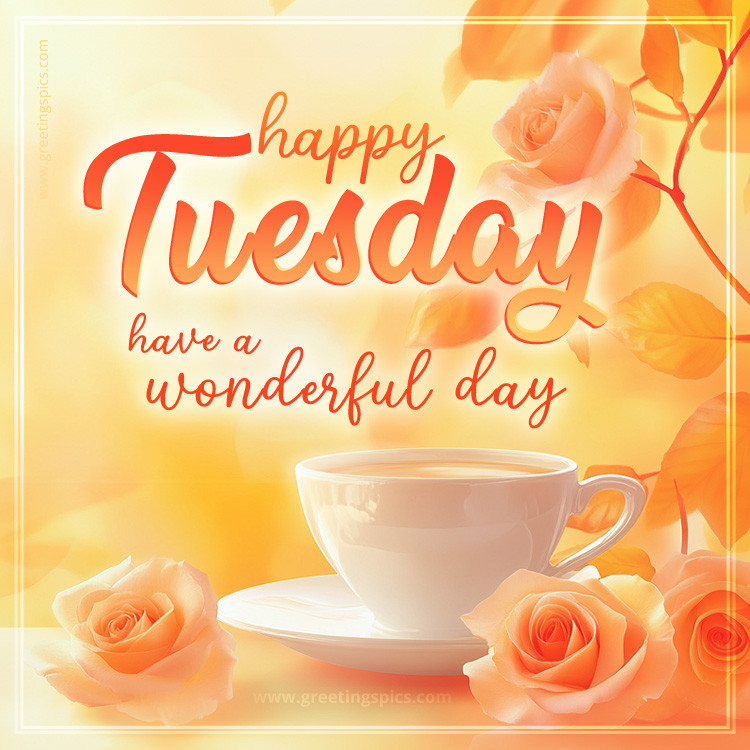 Happy Tuesday image with beautiful roses on a bright orange background (square shape image)