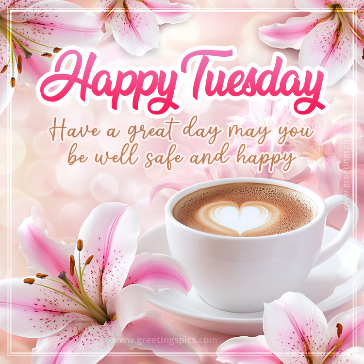 Happy Tuesday picture with lilies and a cup of cappuccino (square shape image)