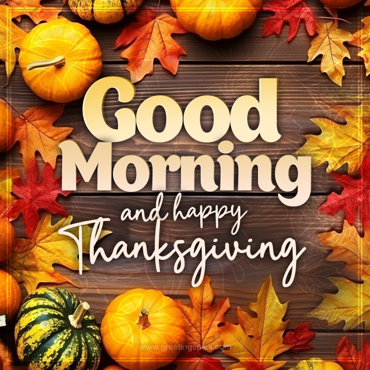 Good Morning and Happy Thanksgiving picture with fall leaves on wooden table (square shape image)